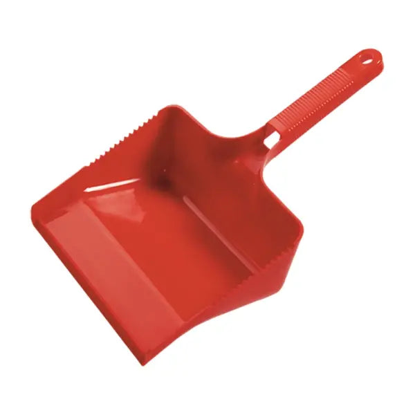 Rote Kehrschaufel mit Besenkamm und Griffloch.