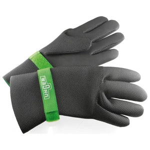 Schwarze Neoprenhandschuhe mit grünen Klettverschlüssen und UNGER Logo.
