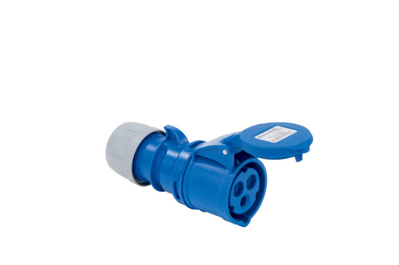 Robuste CEE-Steckverbindung in Blau, 3-polig, 16A, 250V, spritzwassergeschützt, 10 Einheiten.