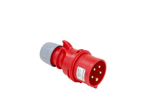 Rote 5-polige CEE-Steckdose 16A 400V mit IP44 Schutz für Innen- und Außeneinsatz.