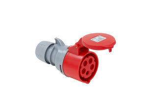 Roter CEE-Stecker mit 5 Polen, 16A, 400V, IP44-Schutz und Turbo-Funktion.