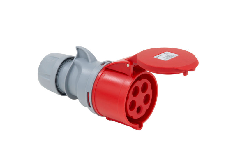 Rote 5-polige CEE-Kupplung 32A 400V mit IP44 Schutz und ergonomischem Griff.