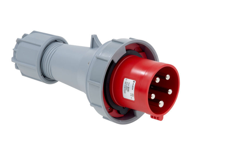 Robuster CEE-Stecker mit 5 Polen, 400V, 63A, IP67, ideal für raue Umgebungen.
