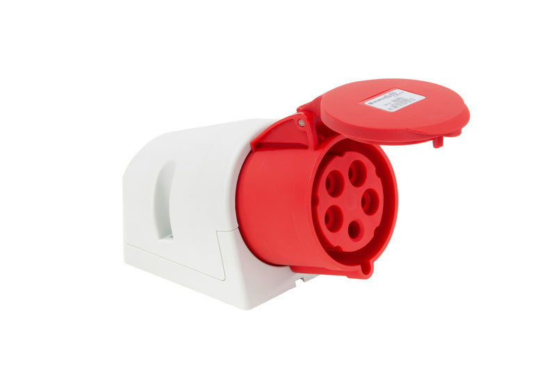 Wandsteckdose WANDDO-CEE-ROT mit 32A, 400V, IP44, rot und robust für industrielle Anwendungen.