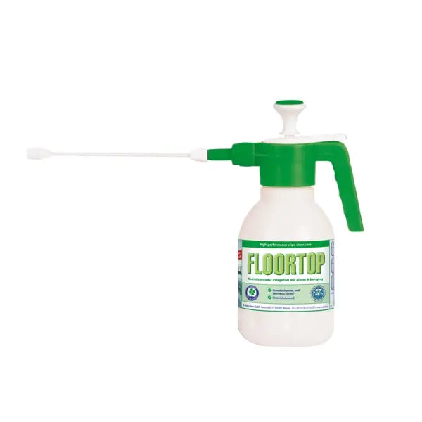 Grüner Drucksprüher Floortop mit 1,5L Füllmenge und transparentem Design zur Füllstandskontrolle.