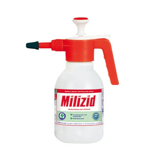 Roter Drucksprüher Milizid mit 1,5L Fassungsvermögen und verstellbarer Düse für gleichmäßigen Sprühstrahl.