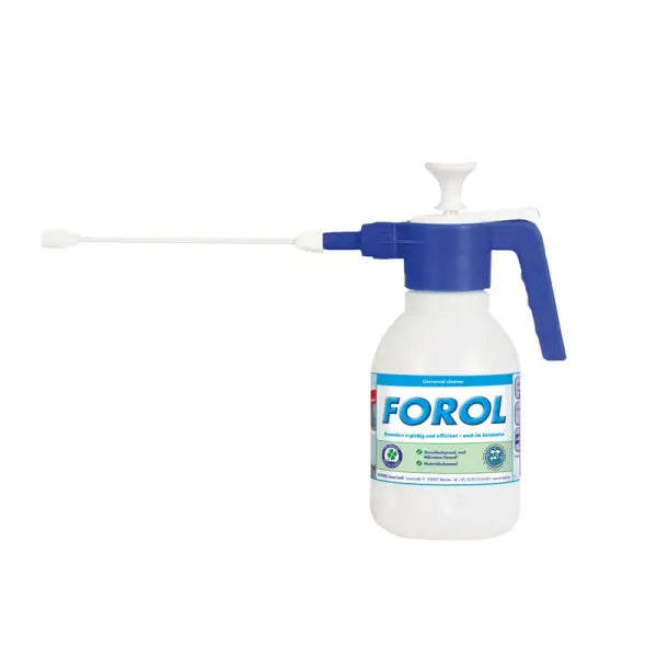 Blauer Drucksprüher Forol mit 1,5 Litern Fassungsvermögen und ergonomischem Design.