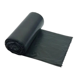 Roll of black LDPE trash bags, 16-20 liter capacity.