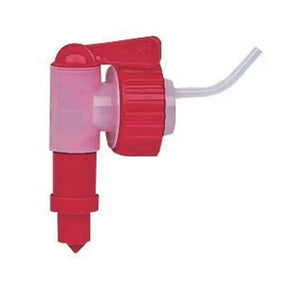Roter und transparenter Kunststoff-Abfüllhahn mit Absperrventil und Auslauf.