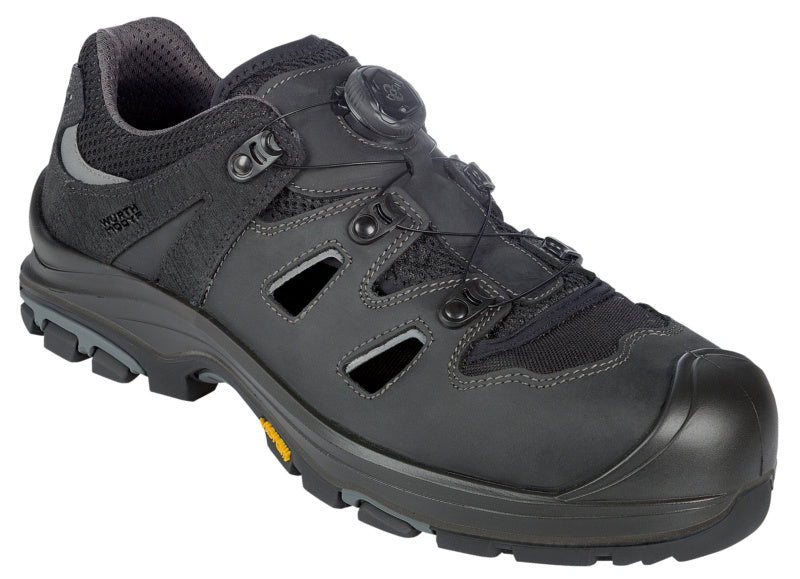 Sicherheitssandale S1P in Schwarz mit rutschfester Sohle und Klettverschluss in Größe 38.