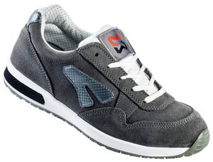 Grau S1P Sicherheitshalbschuh mit rutschfester Sohle und verstärkter Zehenkappe.