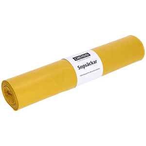 Eine Rolle gelber Abfallsäcke mit der Aufschrift "Sopsäckar".
