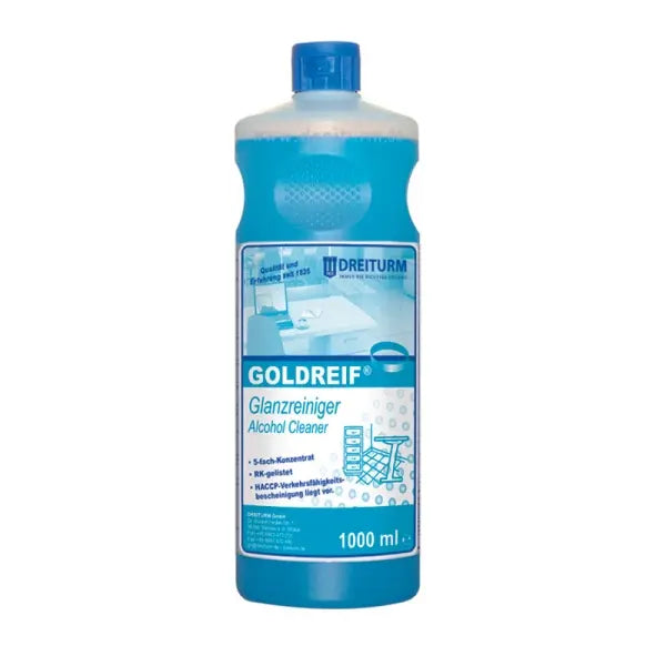 Goldreif Glanzreiniger in einer 1L blauen Flasche mit Etikett.
