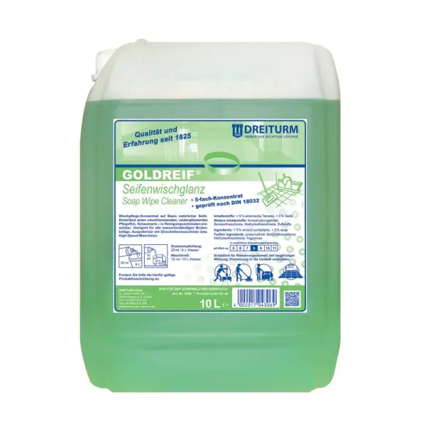 Goldreif Seifenwischglanz Bodenreiniger in einem 10L Kanister mit Zitrusduft.