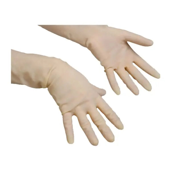 Leichte Latexhandschuhe in Größe L mit strukturierter Oberfläche für besseren Grip.