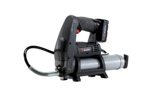 Akku-Fettpresse mit Lithium-Ionen-Akku, OLED-Display und flexiblem Schlauch für präzise Schmierung.