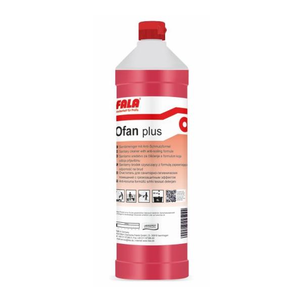 Flasche Ofan Plus Reinigungsmittel mit rotem Verschluss und Etikett.