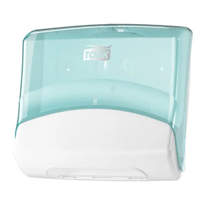 Weißer Tork Einzeltuchspender aus Kunststoff mit schlankem, modernem Design zur Wandmontage.