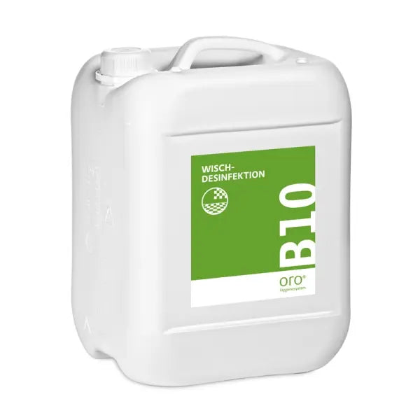 Ein weißer Kanister mit einem grünen Etikett, auf dem "B10 Wisch-Desinfektion" steht.