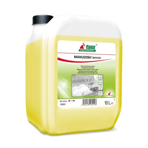 Manudish Lemon Geschirrspülmittel in 10L Kanister mit Zitrusduft.