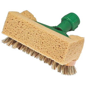 Ein Schwamm- und Bürstenkopf für Reinigungsgeräte mit grünem Griff.