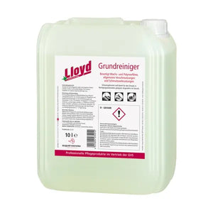 Lloyd Grundreiniger 10L Kanister mit Warnhinweisen und Anwendungssymbolen.