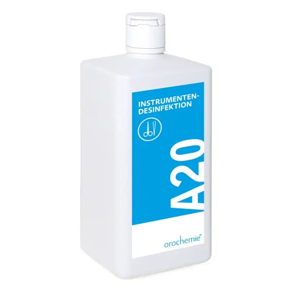 A 20 Instrumentendesinfektion 1L bottle with a blue label.