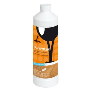 Loba ParkettCare Pflegeemulsion 1L in weißer Flasche mit orangefarbenem Etikett.
