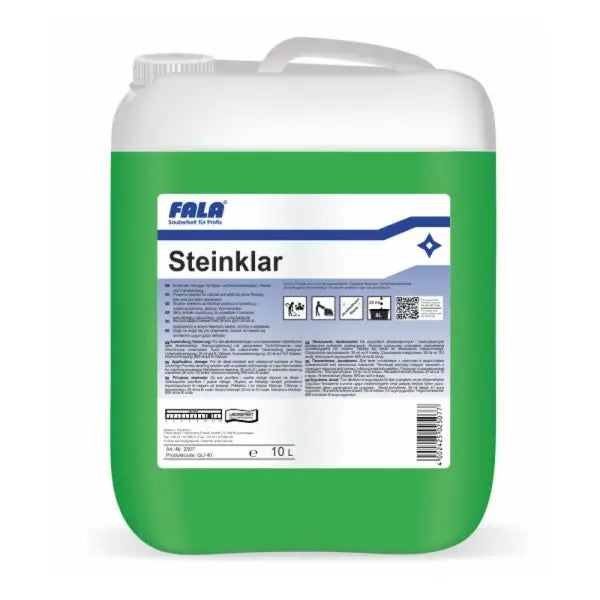 Grüner 10L Kanister mit dem Produktnamen Steinklar für Steinflächen.
