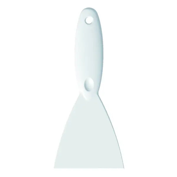 Weißer PP-Spachtel mit Griffloch und ovaler Aussparung.