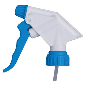 Weiß-blaue Sprühpistole mit ergonomischem Griff und verstellbarem Sprühkopf.