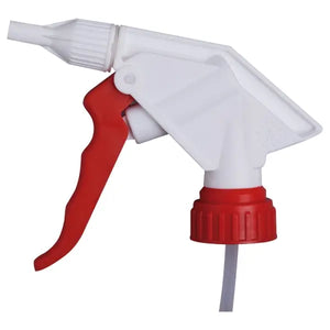 Weißer und roter Sprühkopf mit rotem Auslöser und weißem Schlauch