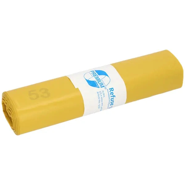Garbage bags PREMIUM, LDPE, 70L, yellow, 575x1000mm, 30my, 25 pcs/roll.