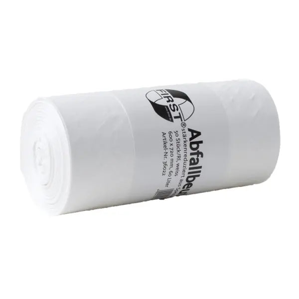 Waste bag FIRST PLUS, LDPE, white, 630x850mm, 12my, 50 pcs/roll.