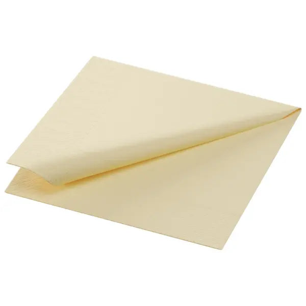 Duni cream colored 3-ply paper napkins folded in quarters.
