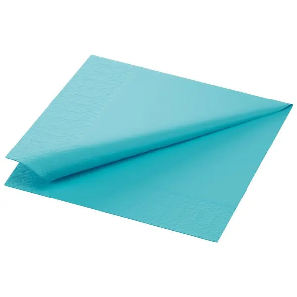 Mint blue 3-ply paper napkins folded in quarters