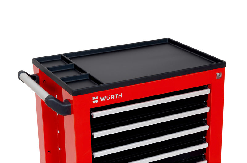 Werkstattwagen mit mehreren Schubladen, Lenkrollen und Arbeitsplatte, Maße 620x415x25 mm.