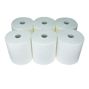 Sechs Rollen weißes 2-lagiges Zellstoff-Rollenhandtuch.
