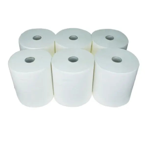 Sechs Rollen weißes 2-lagiges Zellstoff-Rollenhandtuch.