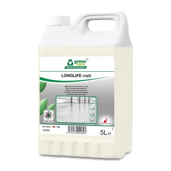 Longlife matt, 5L Kanister mit grüner Logo und Produktinformationen.