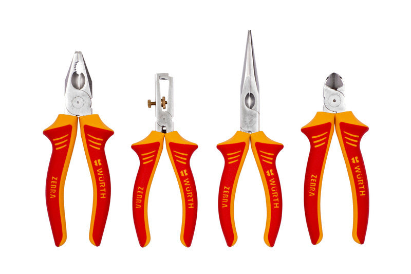 Set von vier isolierten Zangen, darunter Spitzzange, Seitenschneider, Flachzange und Kombizange.