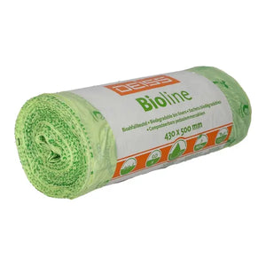 Ein aufgerolltes Paket grüner Bioline Bioabfallbeutel mit der Aufschrift 430 x 500 mm.