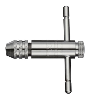 Werkzeughalter für Gewindeschneider mit verchromtem Stahl und rutschfestem Griff, kompakt und robust.