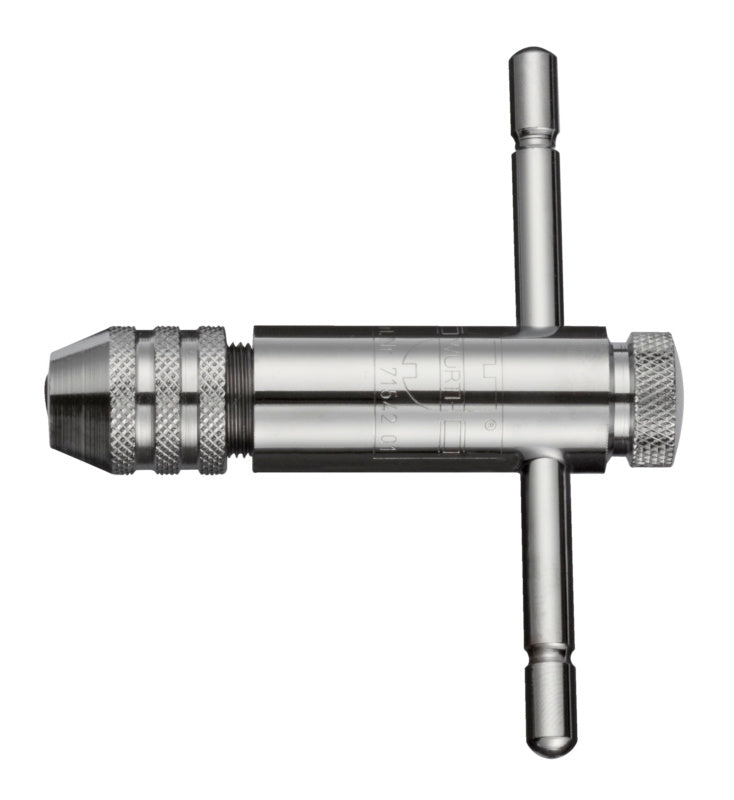 Werkzeughalter für Gewindeschneider mit verchromtem Stahl und rutschfestem Griff, kompakt und robust.