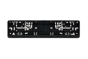 Komplette Kennzeichenbefestigung aus schwarzem Kunststoff mit Schrauben und Halterungen.