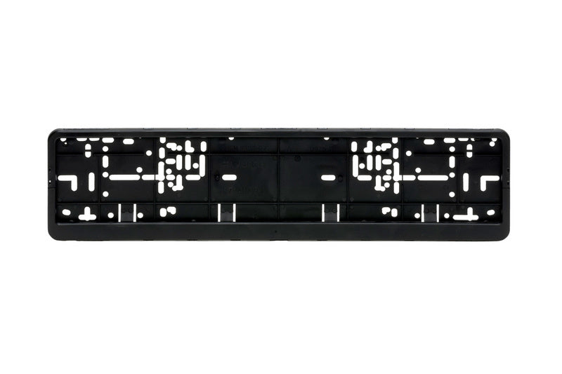 Komplette Kennzeichenbefestigung aus schwarzem Kunststoff mit Schrauben und Halterungen.