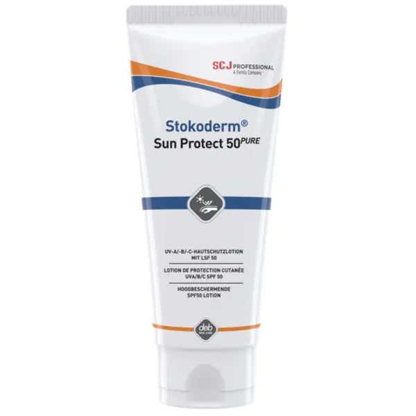 Stokoderm Sun Protect 50 Pure Sonnenschutzcreme in weißer Tube mit blauen und orangen Akzenten.