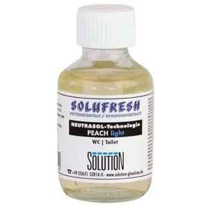 Solufresh Duftkonzentrat Bad/WC Peach in einer Glasflasche mit weißem Deckel.