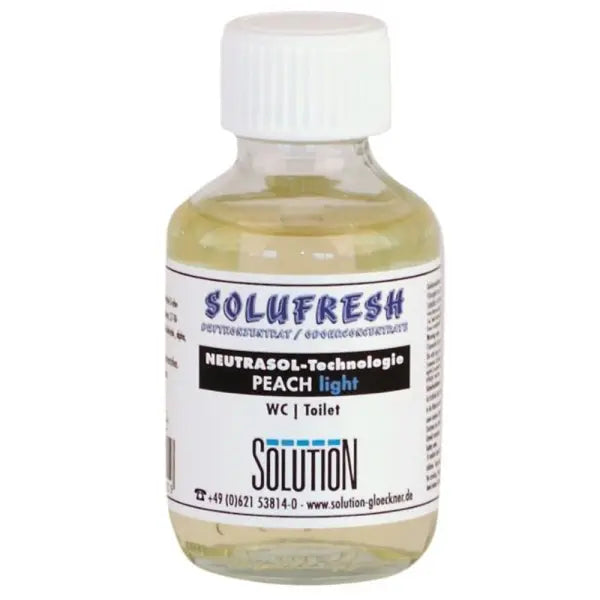 Solufresh Duftkonzentrat Bad/WC Peach in einer Glasflasche mit weißem Deckel.
