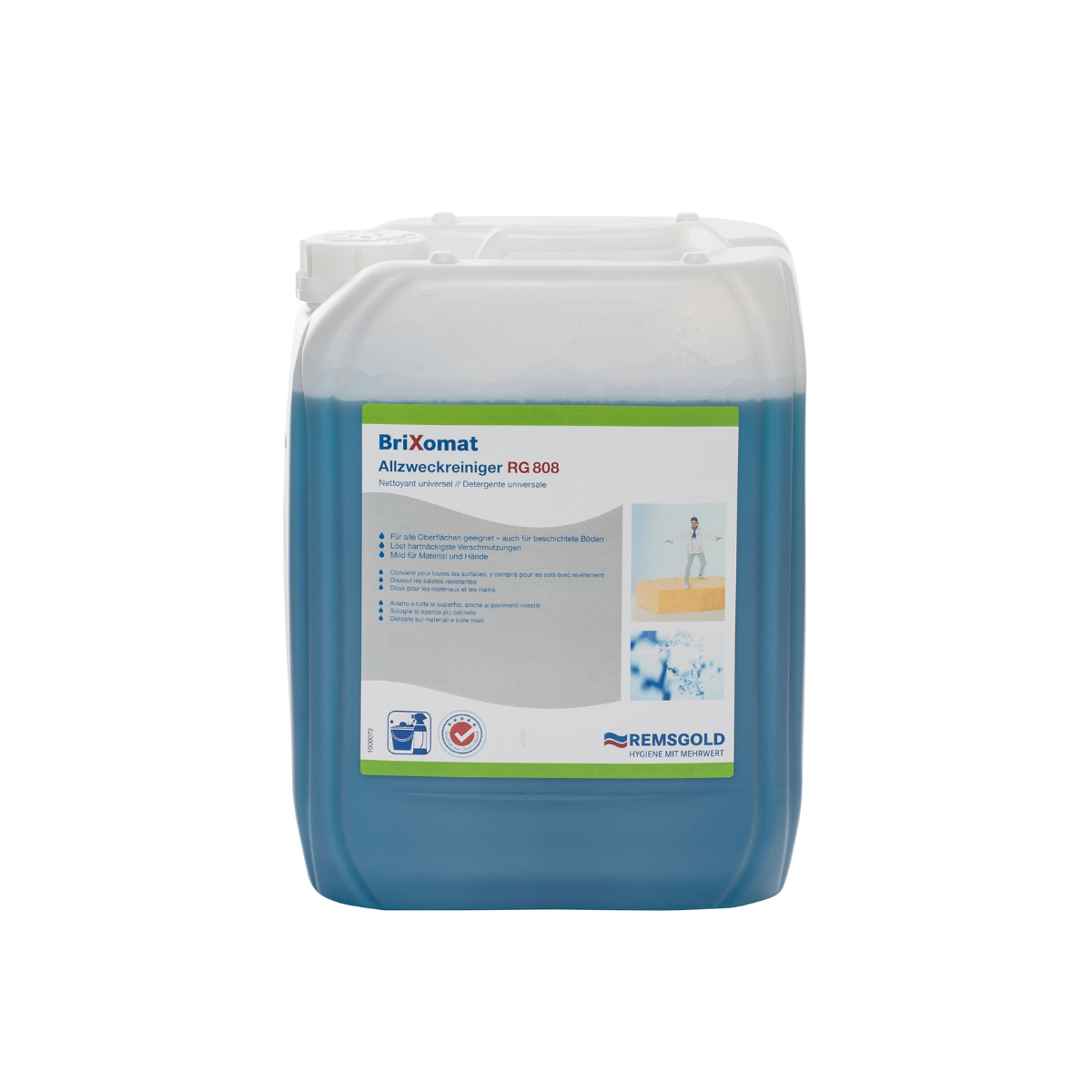 10kg Kanister des Brixomat Allzweckreinigers RG 808 mit robustem, sicherem Verschluss.